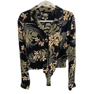 Tommy Bahama Top Womens Large Tropical Floral Hawaiian Crop Twist Tie Button Up